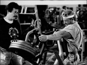Mike Mentzer putting Mr. Olympia Dorian Yates through a Heavy Duty high intensity training workout